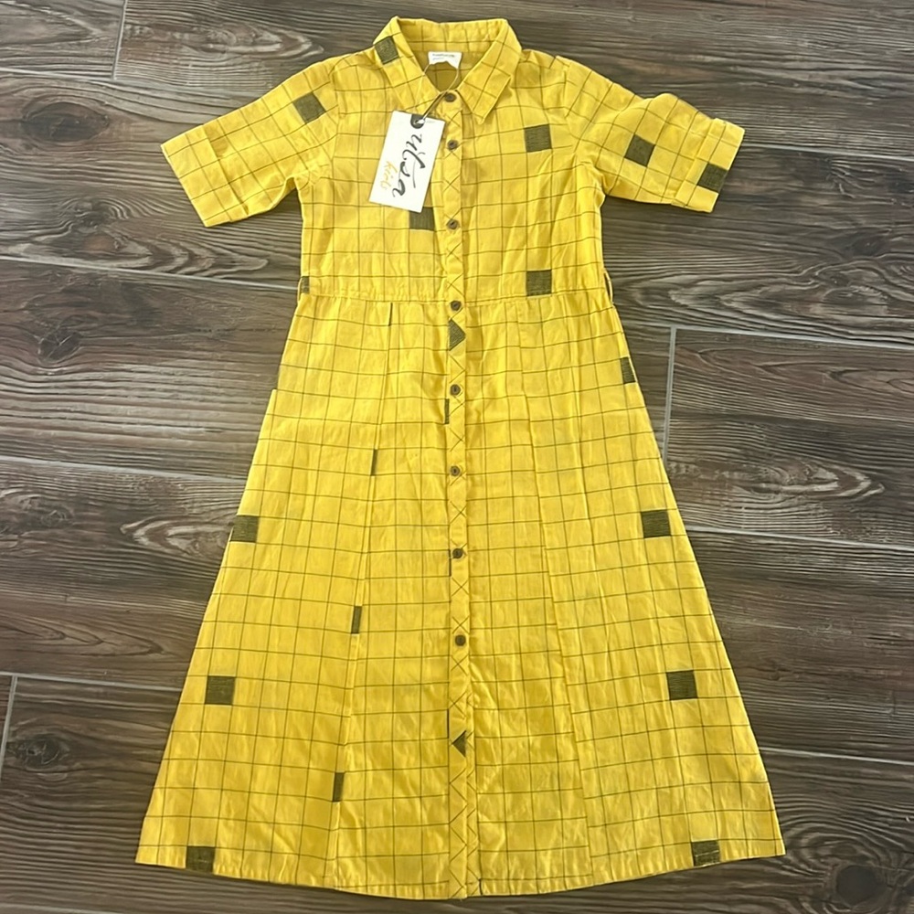 NWT Utsa kids yellow and black checkered button up collared dress size 7/8